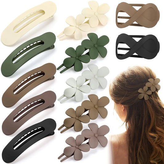 12 Pcs Flat Hair Clips for Women Lay Flat Claw Clips Flower Hair Clips for Women French Concord Flat Hair Clips 3 Styles Matte Hair Clips for Thin Thick Hair